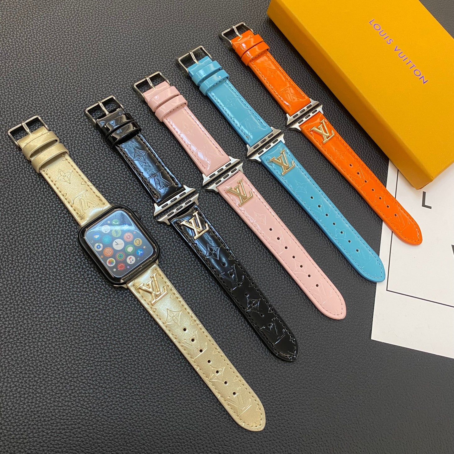 GLOSSY LEATHER APPLE WATCH STRAP LUXURY METAL LOGOs-112