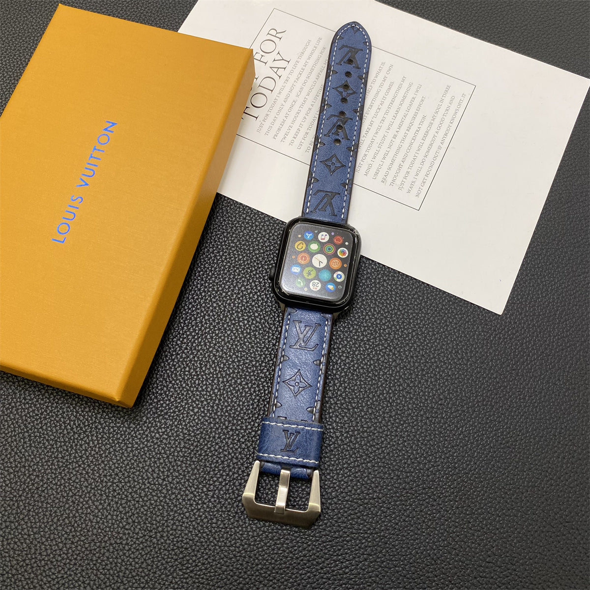 Leather Monogram Apple Watch Bands Leather Blue-YH24422s-112