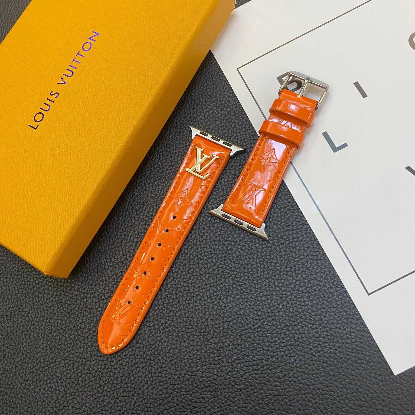 GLOSSY LEATHER APPLE WATCH STRAP LUXURY METAL LOGOs-112