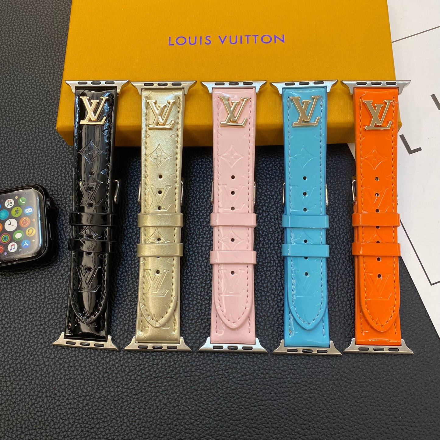 GLOSSY LEATHER APPLE WATCH STRAP LUXURY METAL LOGOs-112