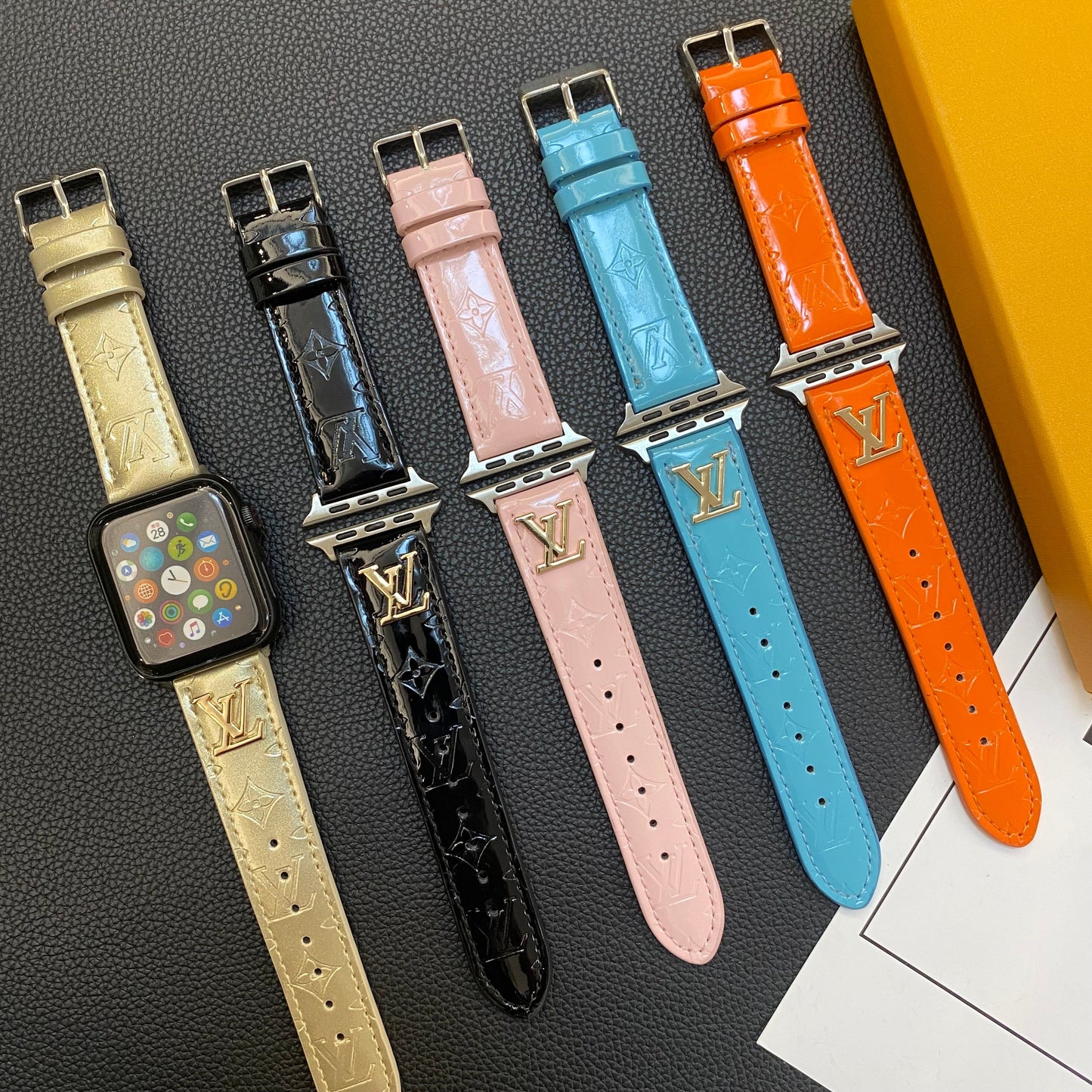 GLOSSY LEATHER APPLE WATCH STRAP LUXURY METAL LOGOs-112